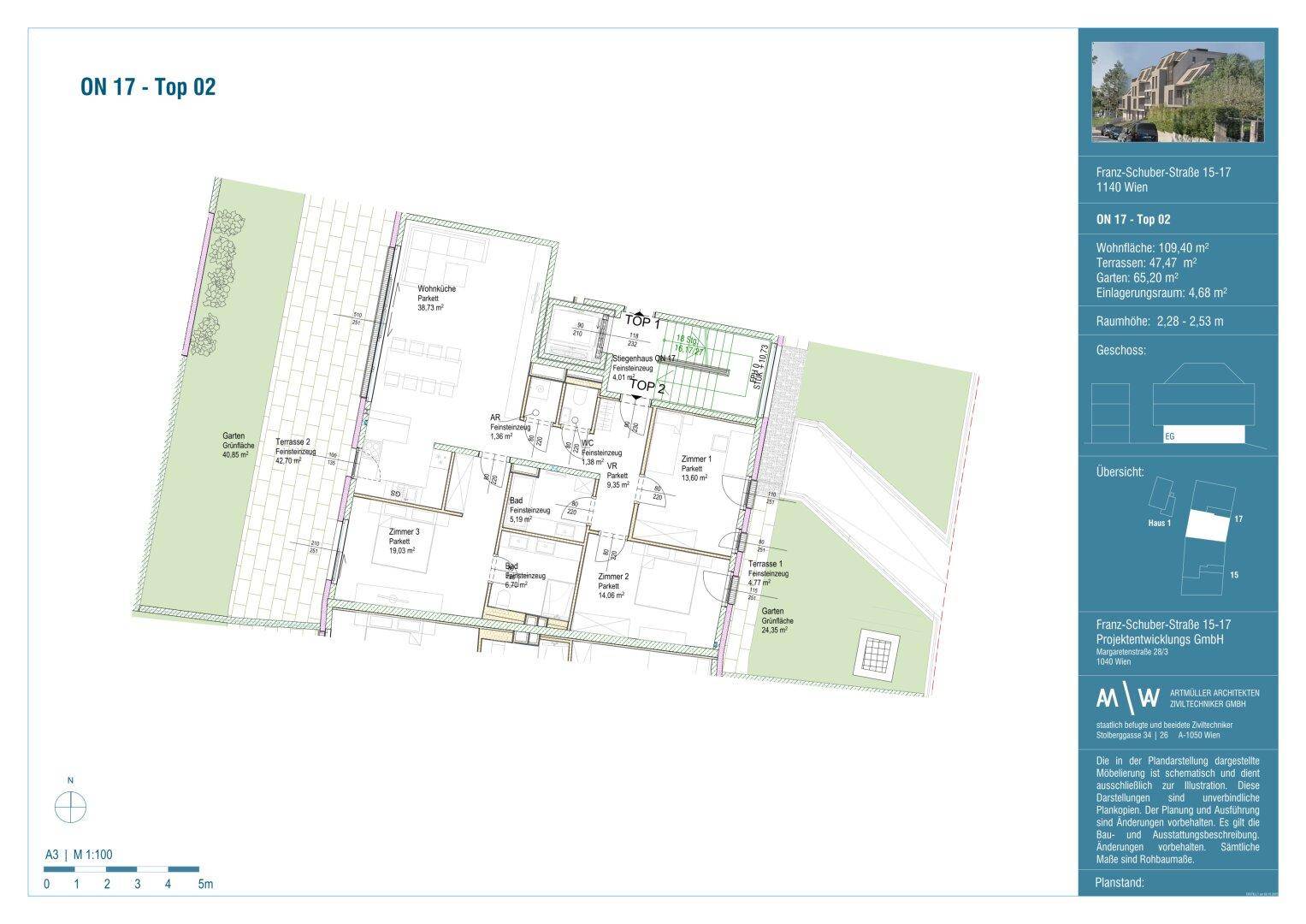 Detaillierter Grundriss der Wohnung Top 02 mit Terrassen und Gartenflächen.