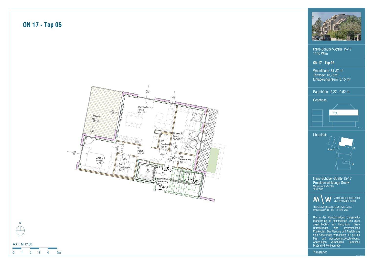 Grundriss einer Wohnung mit offener Wohnküche, drei Zimmern, Bad, WC und Zugang zu Terrasse und Garten.