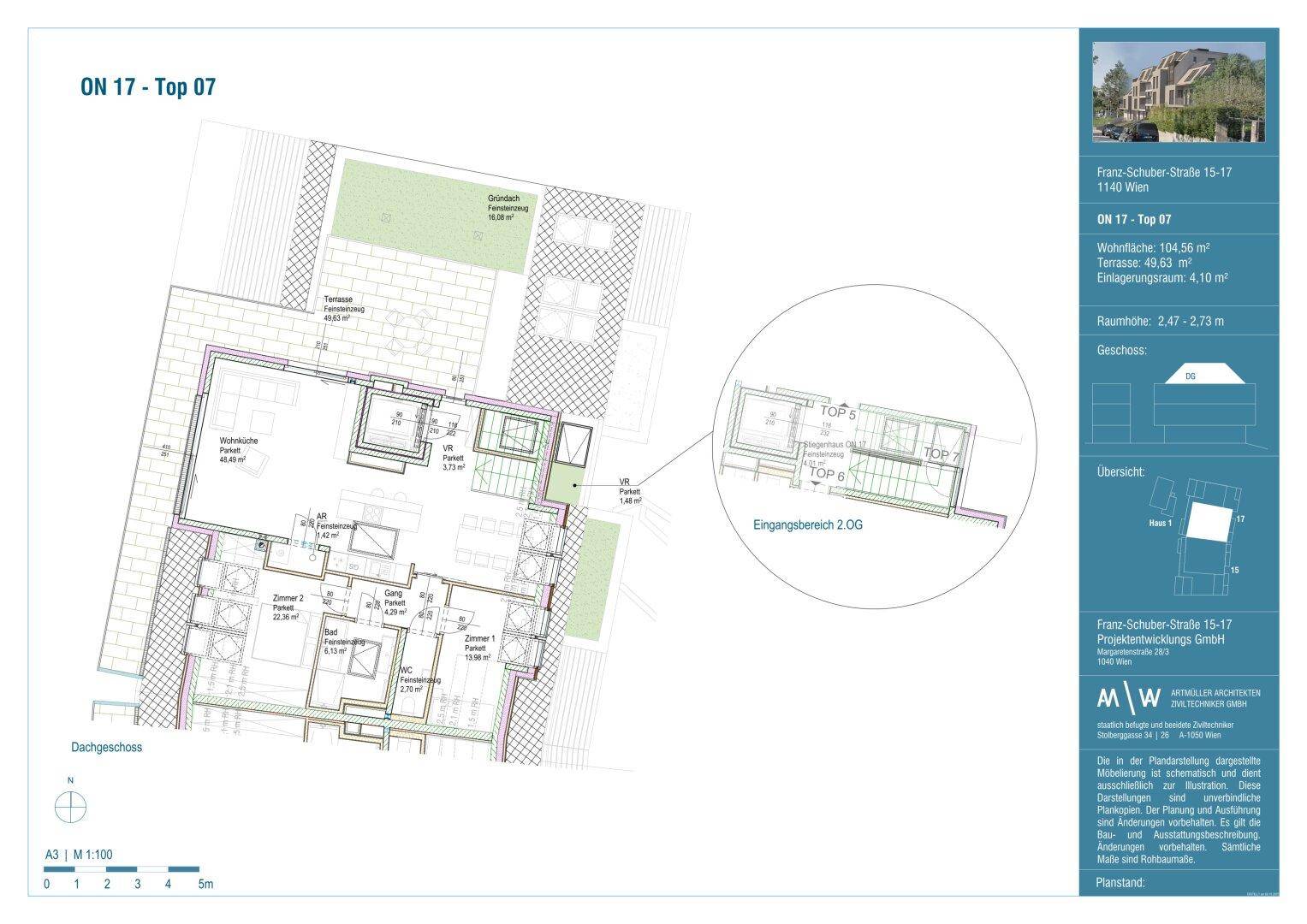 Detaillierter Grundriss des Dachgeschosses mit Wohnbereich, Schlafzimmern und Terrasse.