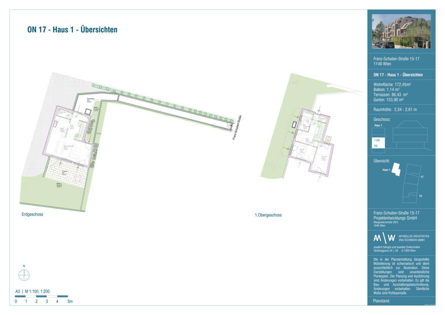 Übersichtsplan von Haus 1 mit Erdgeschoss und 1. Obergeschoss sowie den umliegenden Außenanlagen.