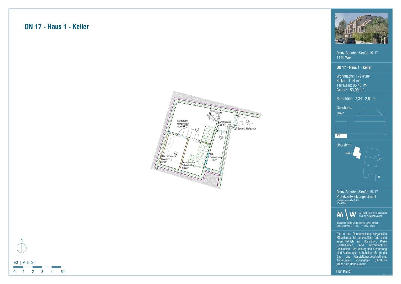 Grundriss des Kellers von Haus 1 mit Technikraum, Abstellflächen und Zugang zum Garten.