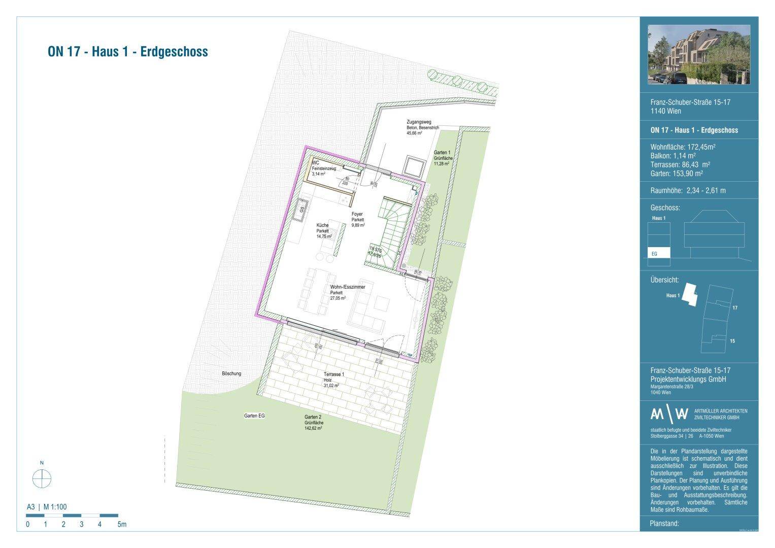 Grundriss des Erdgeschosses von Haus 1 mit offenem Wohnbereich, Küche, Gäste-WC und Terrassenzugang.