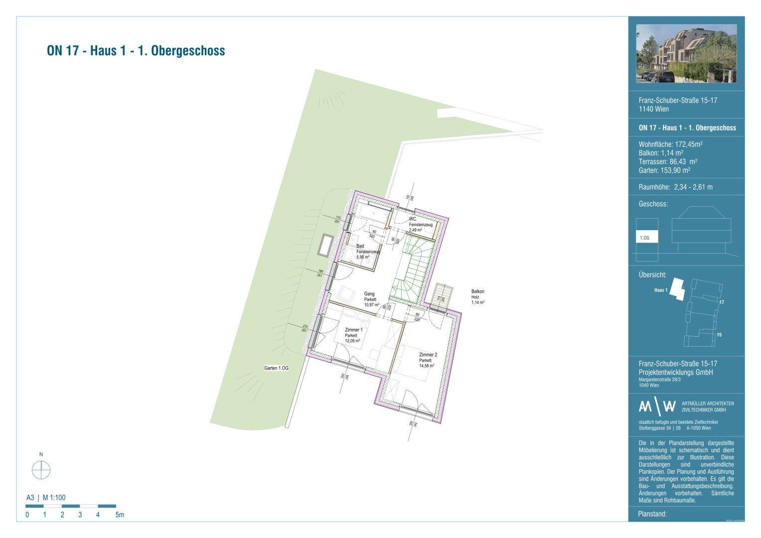 Grundriss des 1. Obergeschosses von Haus 1 mit zwei Schlafzimmern, einem Badezimmer und Balkonzugang.