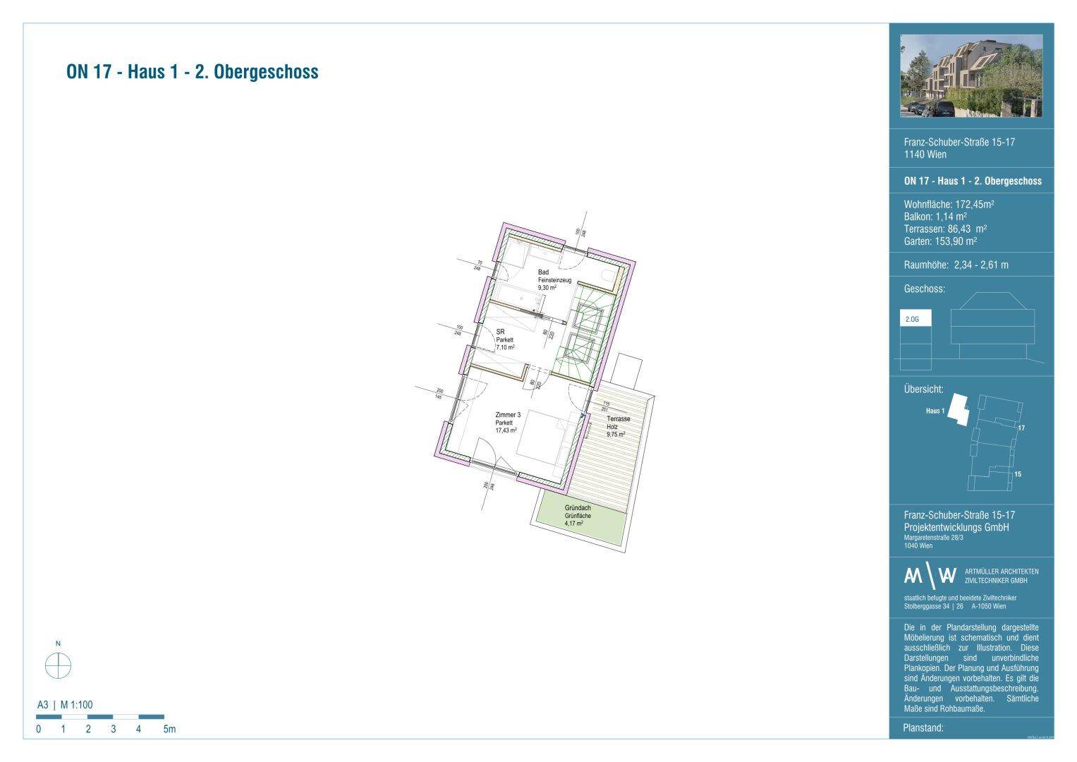 Grundriss des 2. Obergeschosses von Haus 1 mit einem Schlafzimmer, Bad und einer großzügigen Dachterrasse.