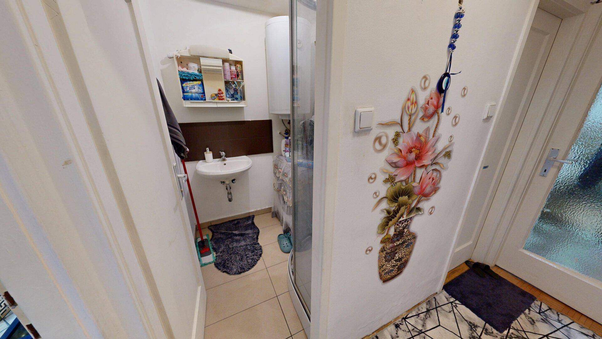 Kompaktes Badezimmer mit Duschkabine, Waschbecken und floraler Wanddekoration.