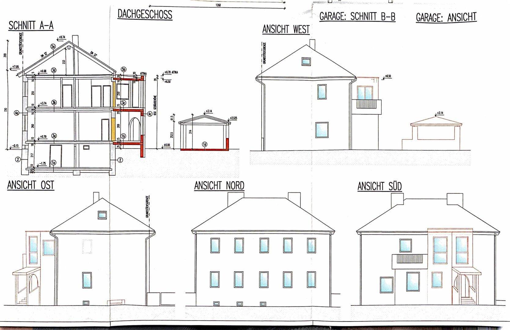 Verschiedene Ansichten und Schnitte des Gebäudes, inklusive Dachgeschoss und Garage.