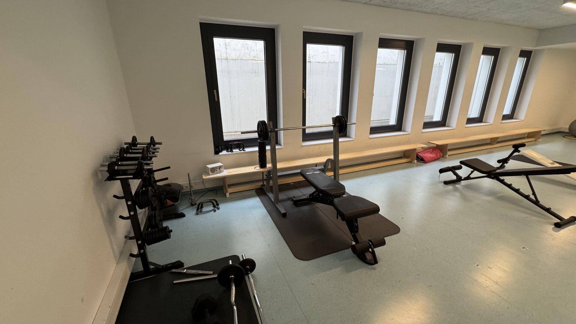 Gut ausgestatteter Fitnessraum mit Hanteln, Trainingsbänken und viel Tageslicht.