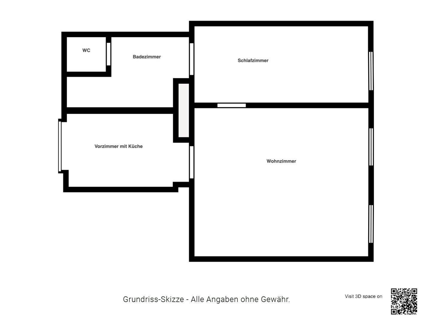 Grundriss-Skizze der Wohnung mit Wohnzimmer, Schlafzimmer, Bad und separatem WC.