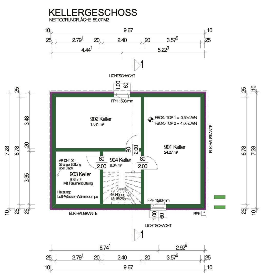 Grundriss des Kellergeschosses mit mehreren Kellerräumen und Lichtschächten.