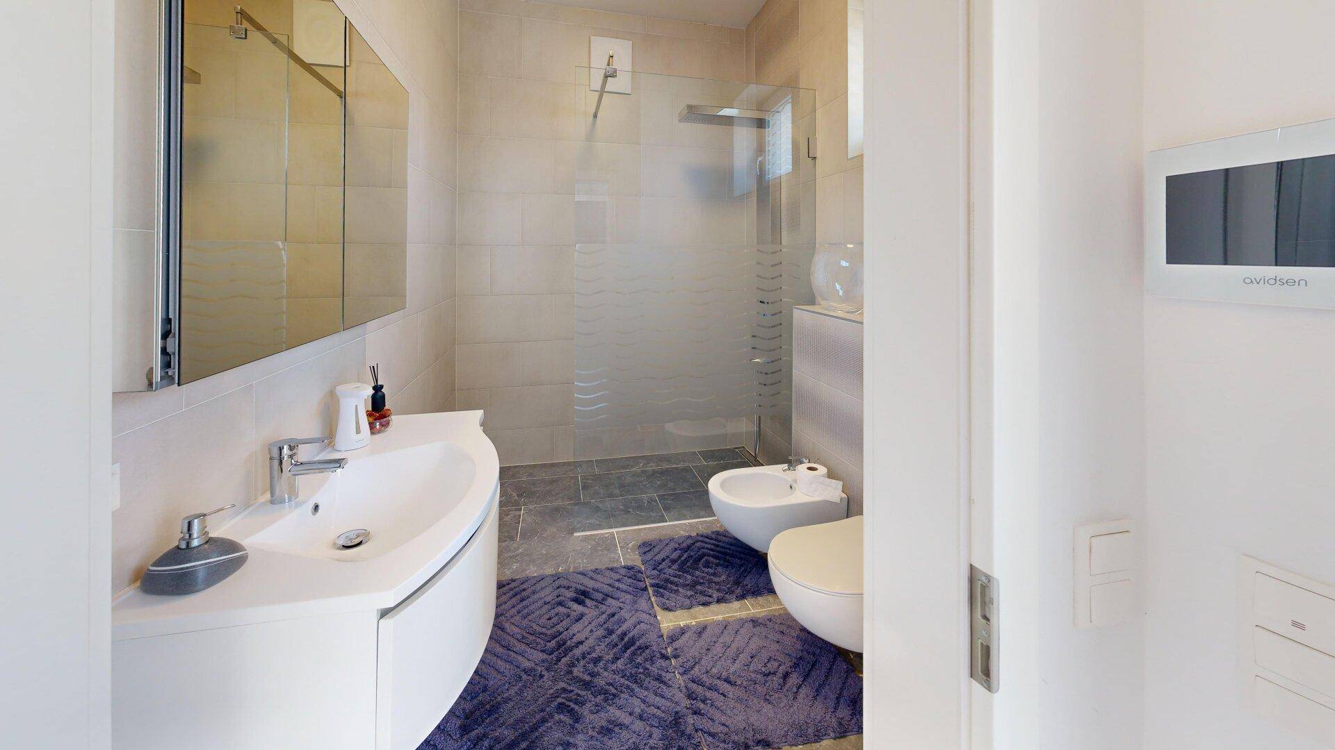 Modernes Badezimmer mit Dusche, Bidet, Einzelwaschbecken und dunklen Bodenfliesen für Komfort.