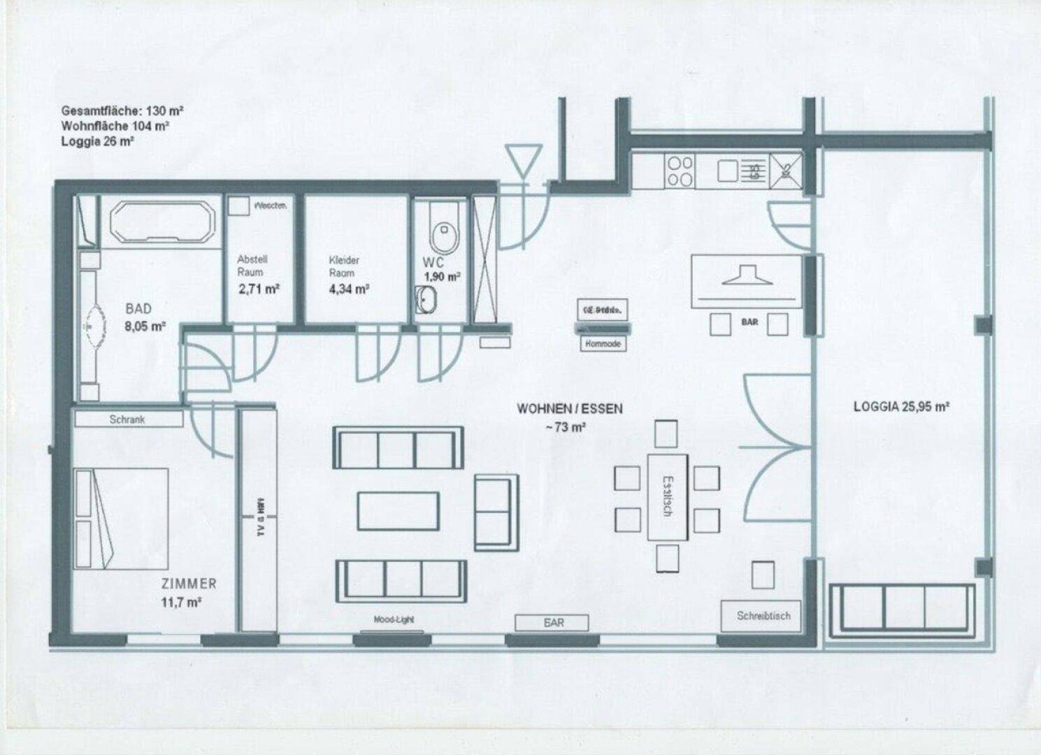 Dieser Grundriss zeigt eine moderne Wohnung mit offenem Wohn-Essbereich, integrierter Küche, einem Schlafzimmer, Bad, separatem WC und einer großzügigen Loggia.