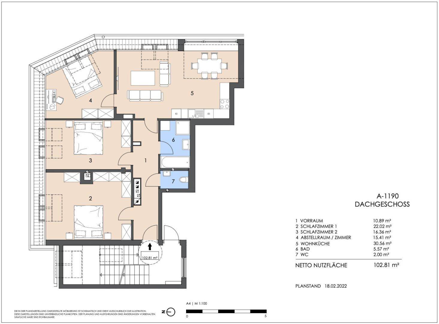 Detaillierter Grundriss einer Dachgeschosswohnung mit mehreren Zimmern und Treppenhaus.