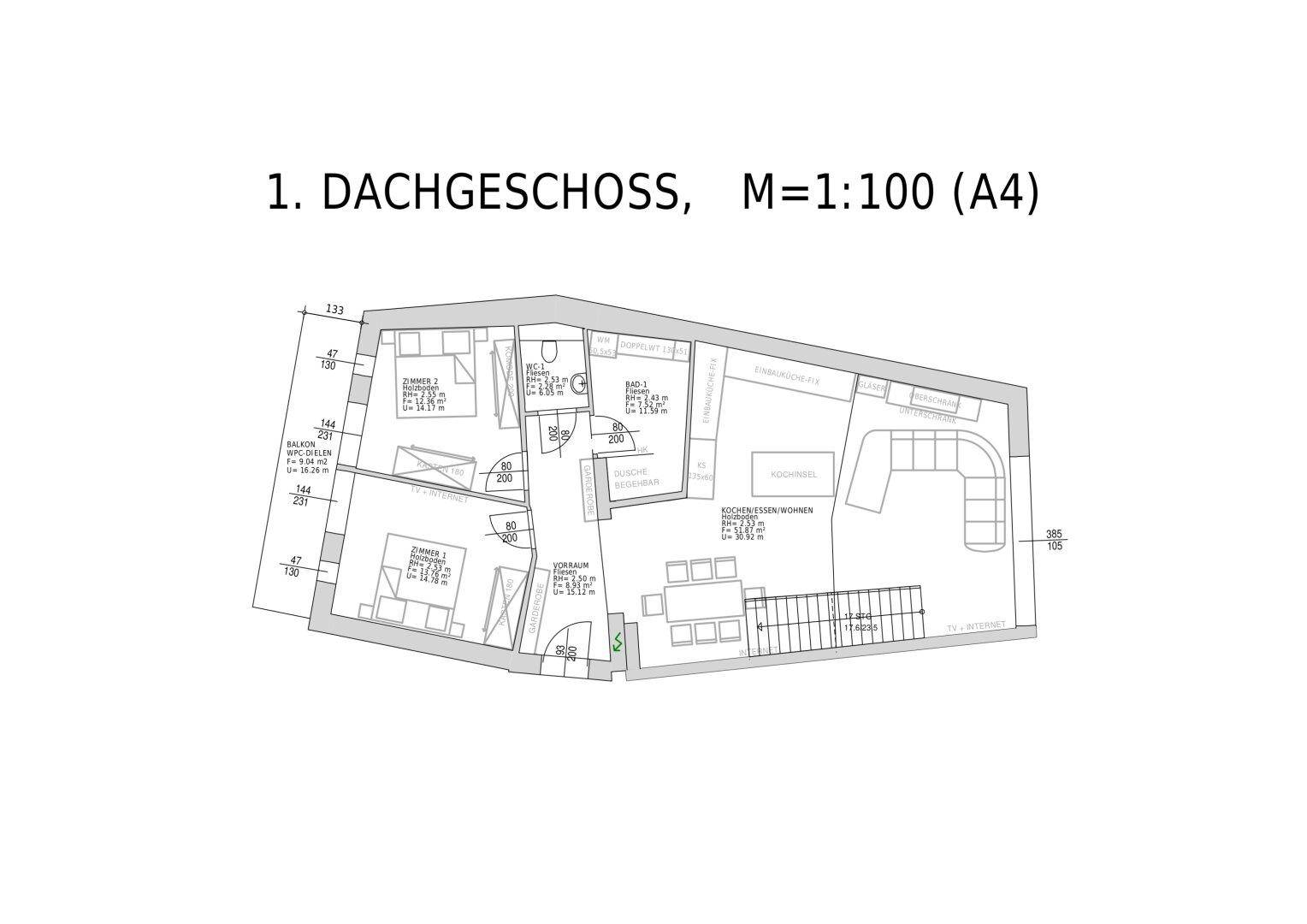Grundriss des ersten Dachgeschosses mit zwei Schlafzimmern und zwei Bädern.