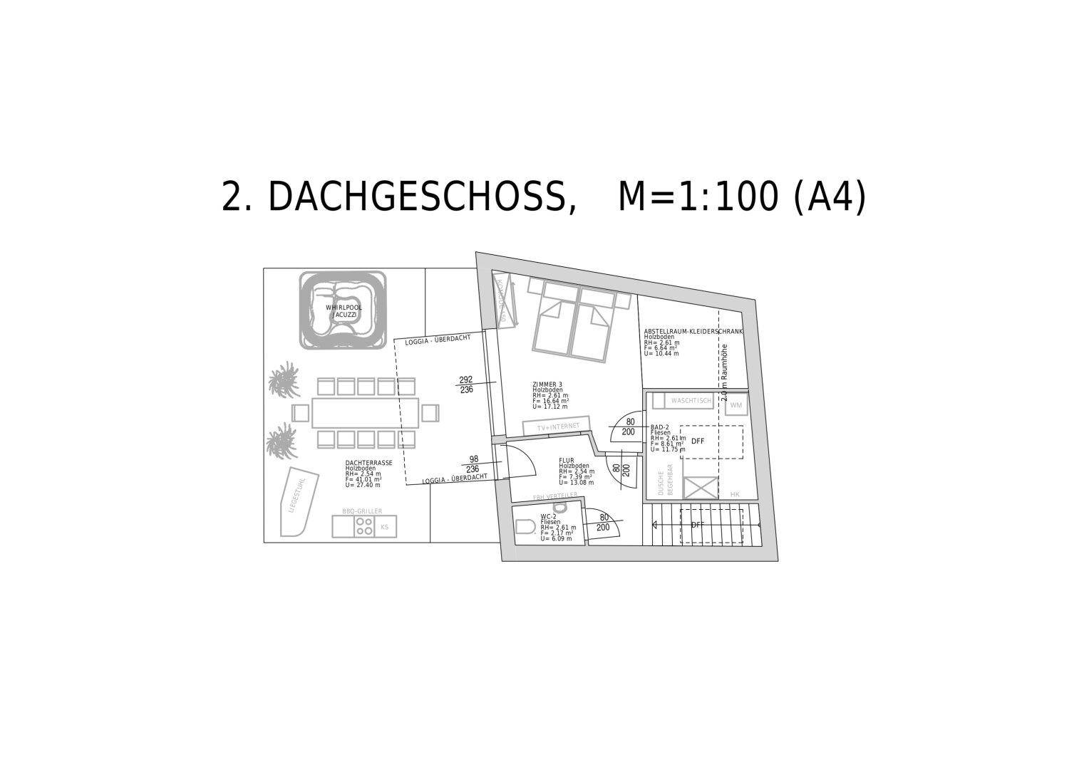 Grundriss des zweiten Dachgeschosses mit Loggia, Terrasse und zusätzlichem Zimmer.