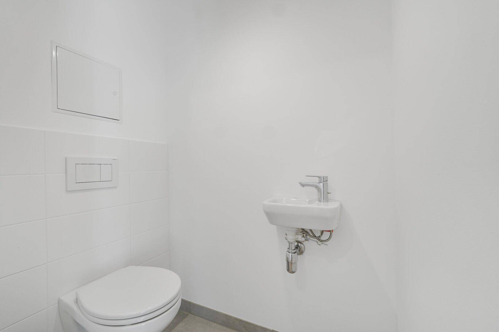 Separates Gäste-WC mit wandhängender Toilette und kleinem Handwaschbecken.