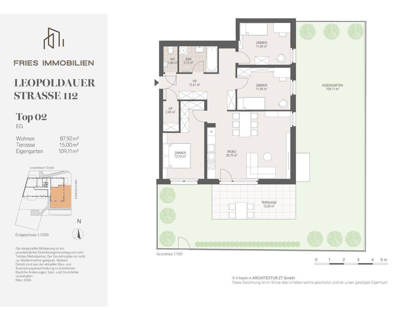 Detaillierter Grundriss der Wohnung Top 02 mit offenem Wohnbereich, Terrasse und Garten.