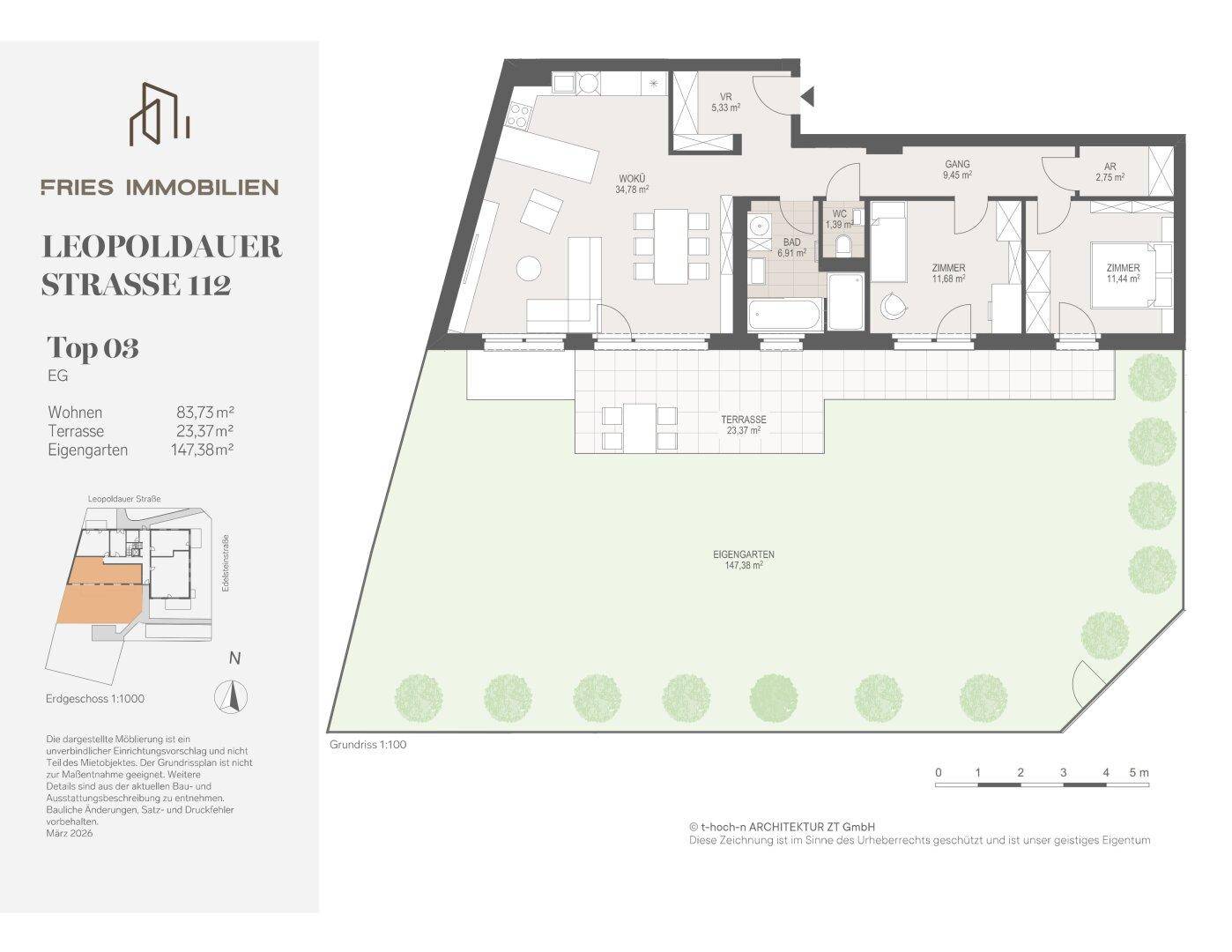 Grundriss der Erdgeschosswohnung Top 03 mit 83,75m² Wohnfläche, Terrasse und Eigengarten.