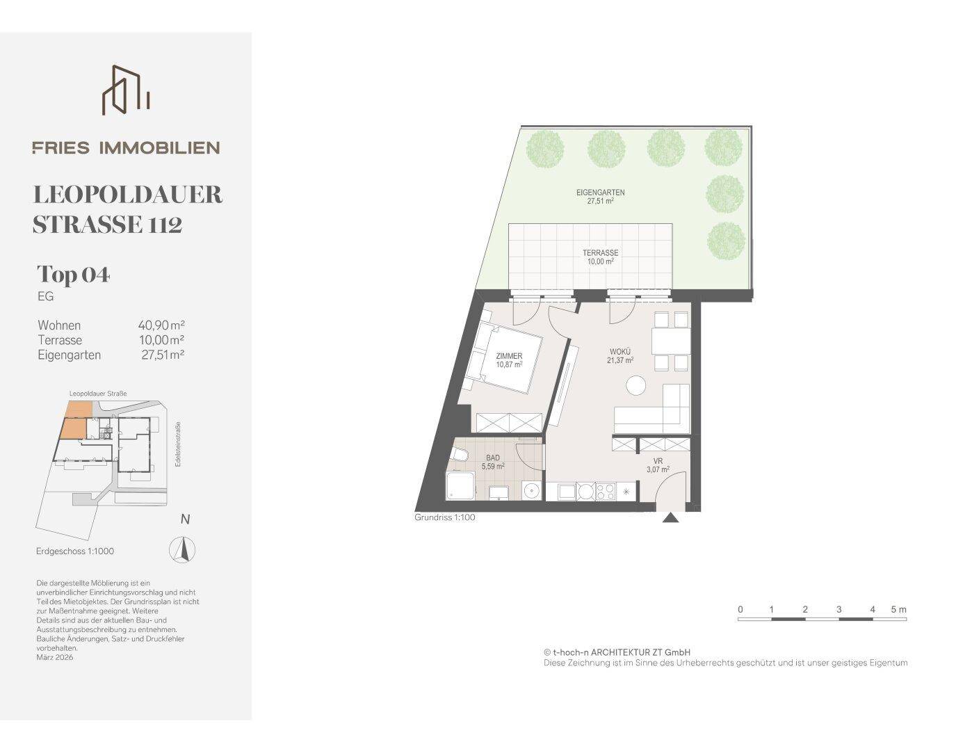 Grundriss der Wohnung Top 04 im Erdgeschoss mit Zimmer, Wohnbereich, Bad, Terrasse und Eigengarten.