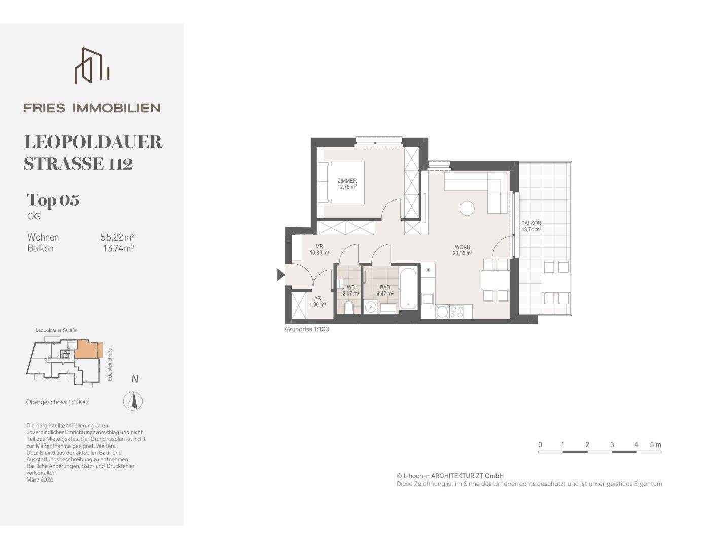 Grundriss der Wohnung Top 05 mit 55,22 m² Wohnfläche und 13,74 m² Balkon.