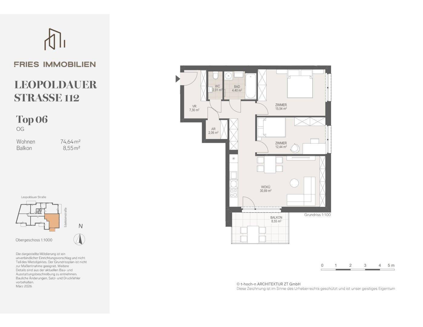 Detaillierter Grundriss einer Wohnung mit zwei Schlafzimmern, offenem Wohnbereich und Balkon.