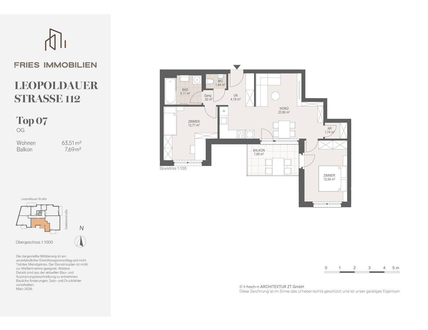 Detaillierter Grundriss der Wohnung Top 07 mit 63,51m² Wohnfläche und Balkon.