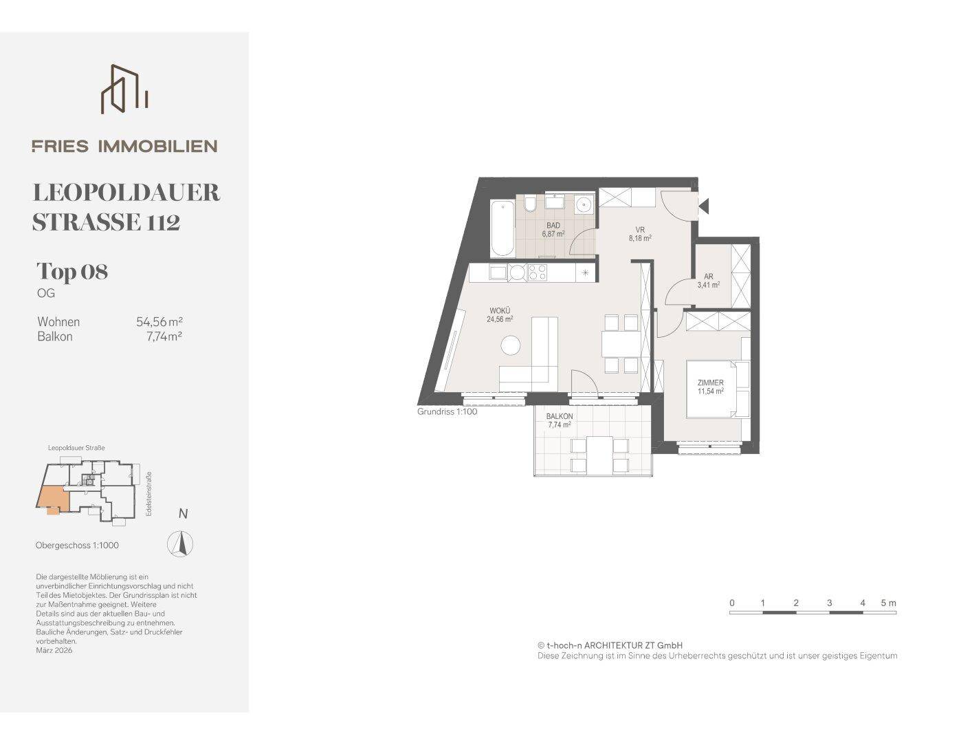 Grundriss der Wohnung Top 08 mit Balkon und Raumaufteilung.