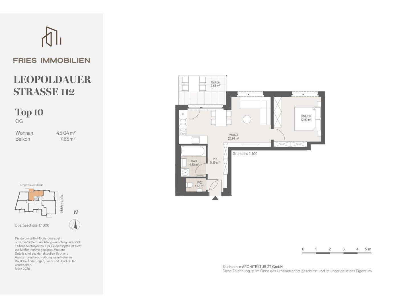 Detaillierter Grundriss der Wohnung mit Wohnbereich, Schlafzimmer und Balkon.