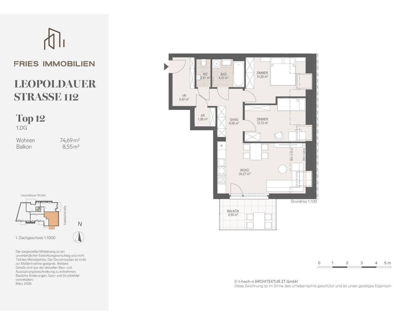 Detaillierter Grundriss der Wohnung Top 12 mit 74,69m² Wohnfläche und Balkon.