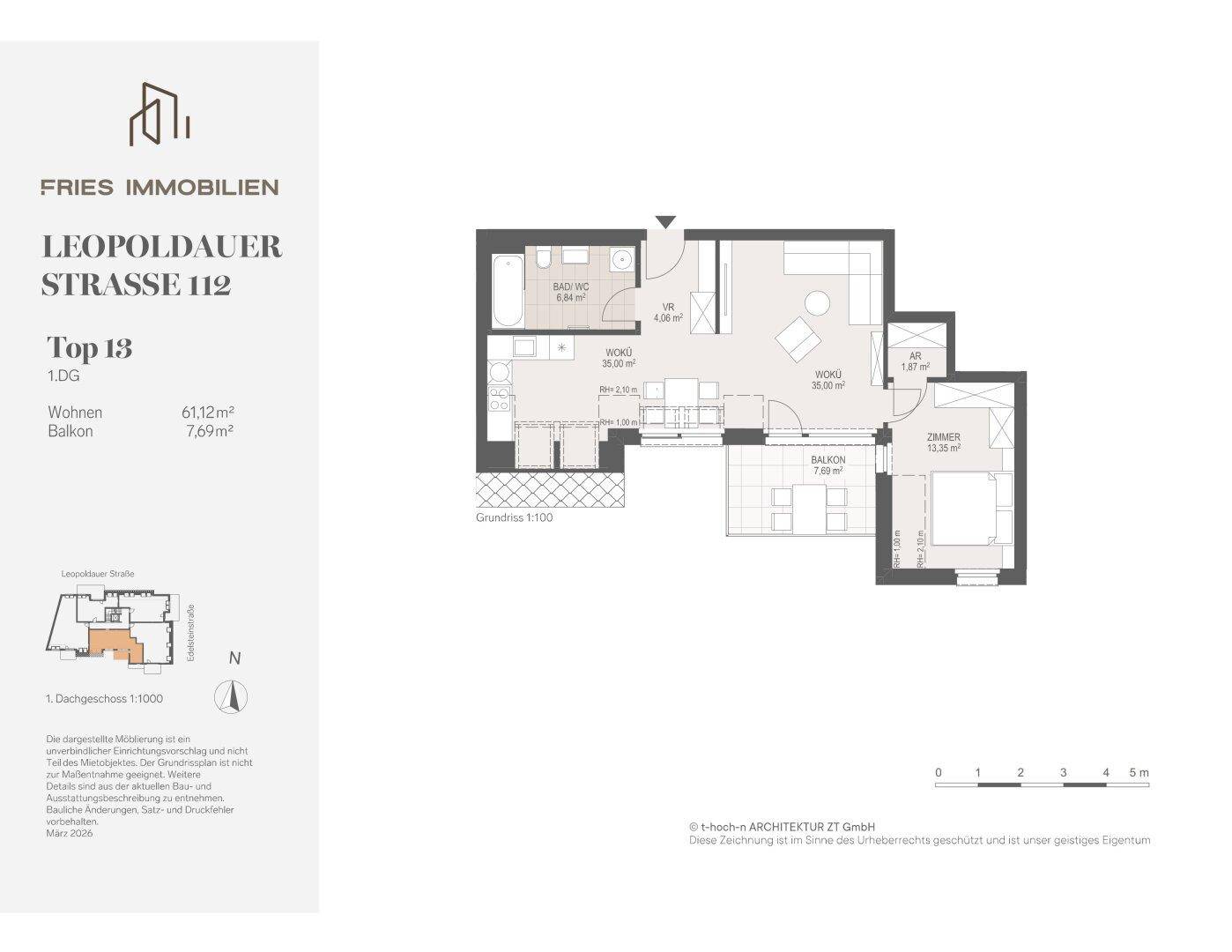 Grundriss der Wohnung Top 13 mit Wohnbereich, Schlafzimmer und Balkon.