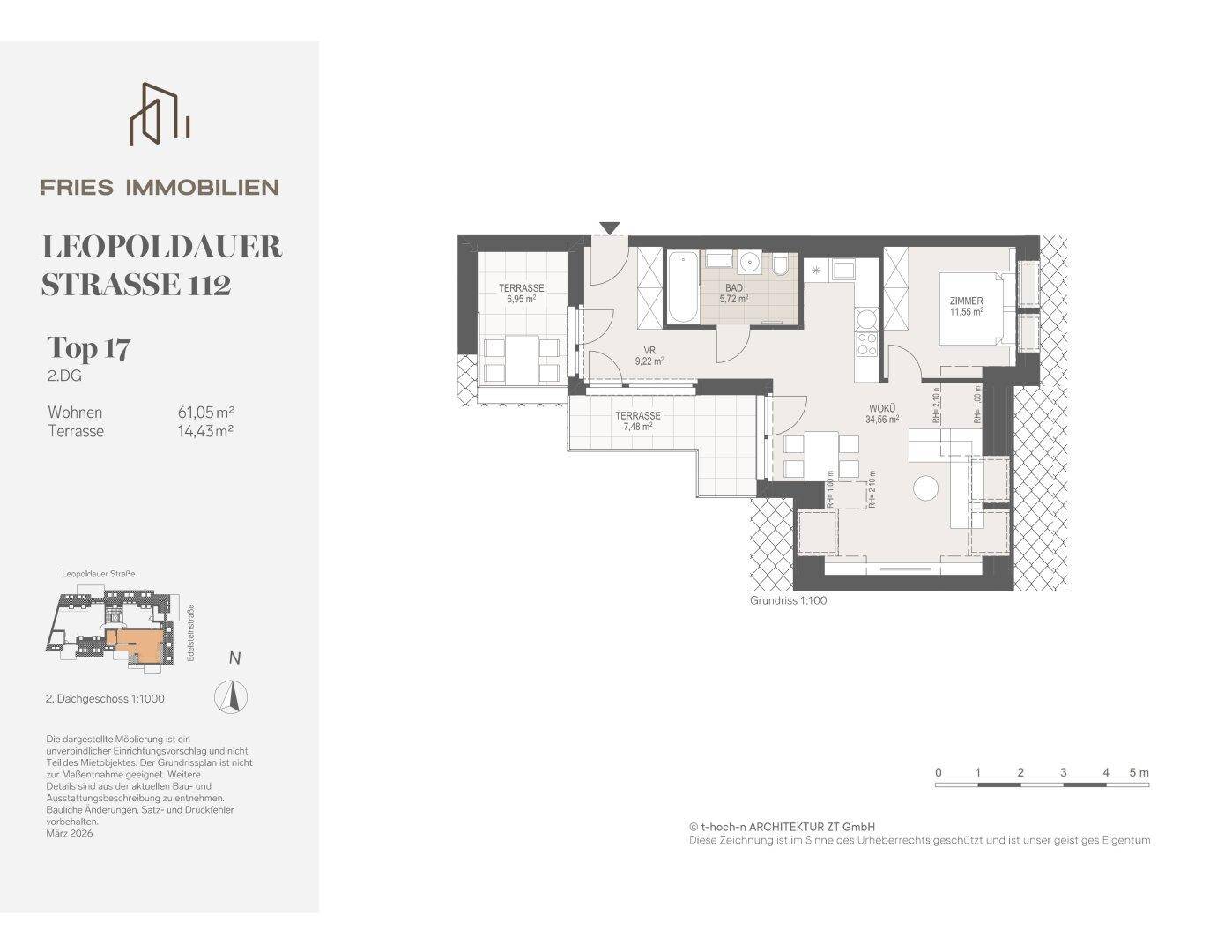 Detaillierter Grundriss der Wohnung Top 17 mit Terrassen und Raumaufteilung.