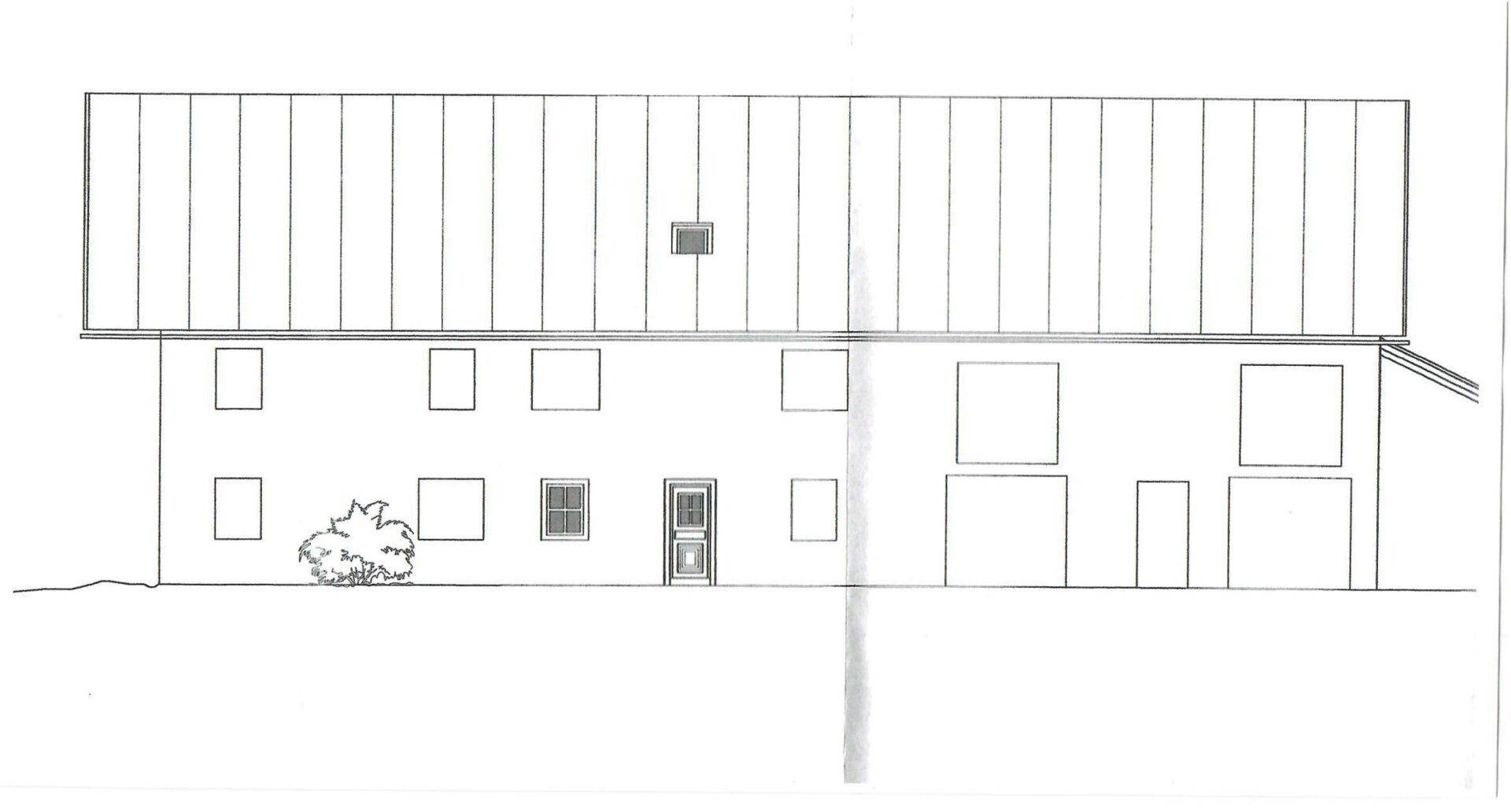 Architektonische Seitenansicht des Gebäudes mit Dach und Fensteröffnungen.
