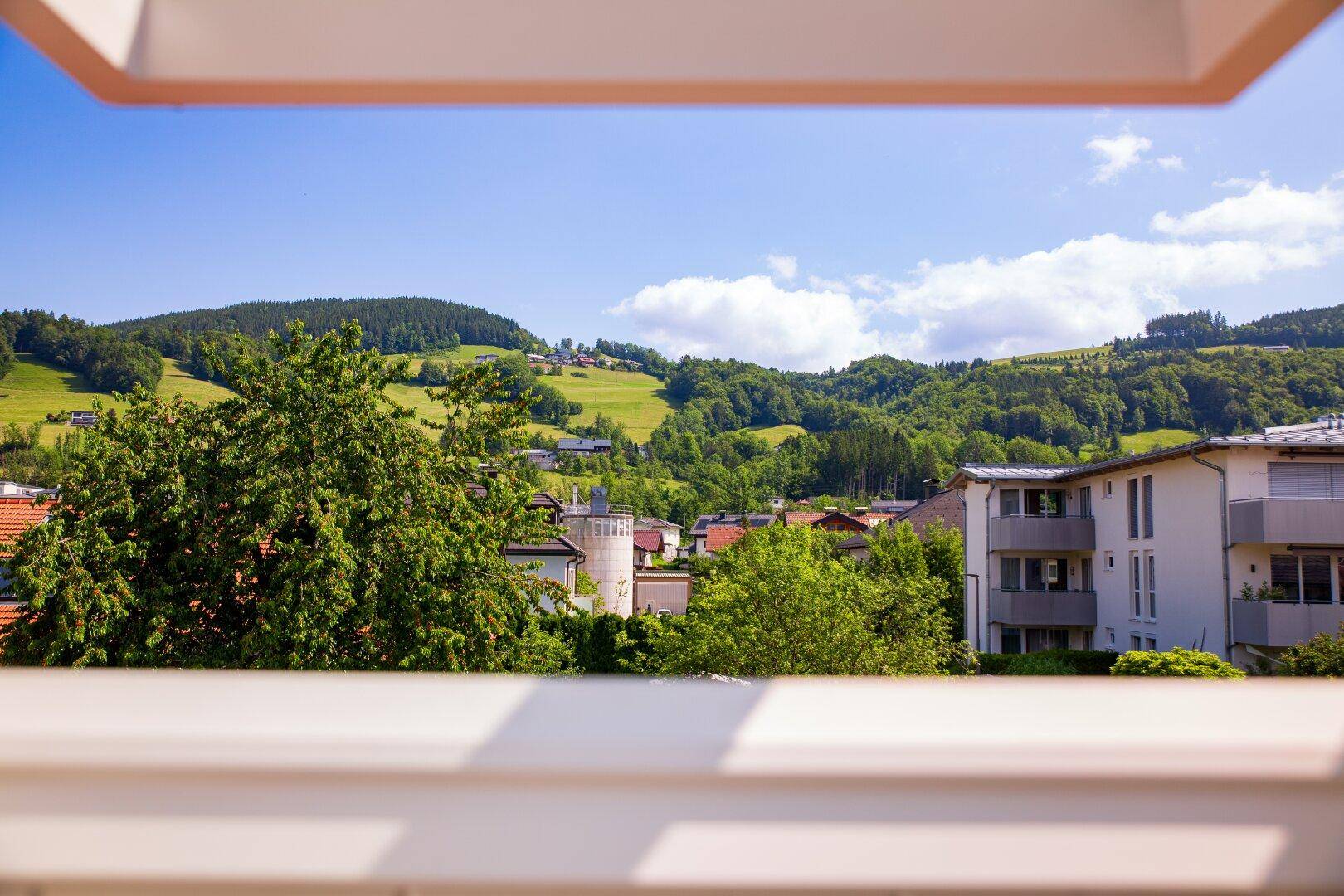 Malerischer Ausblick auf ein Dorf in einer grünen Hügellandschaft mit Bergen im Hintergrund.