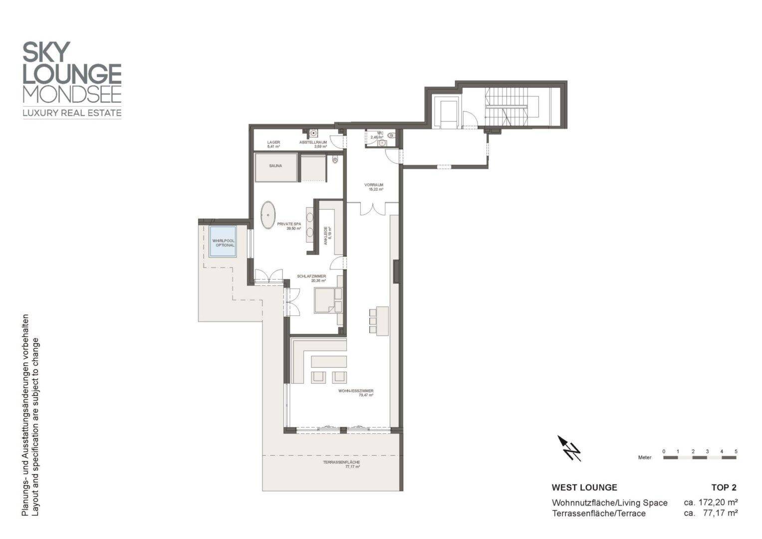 Detaillierter Grundriss der West Lounge Top 2 mit Schlafzimmer, Wohnbereich, Sauna und großer Terrasse.