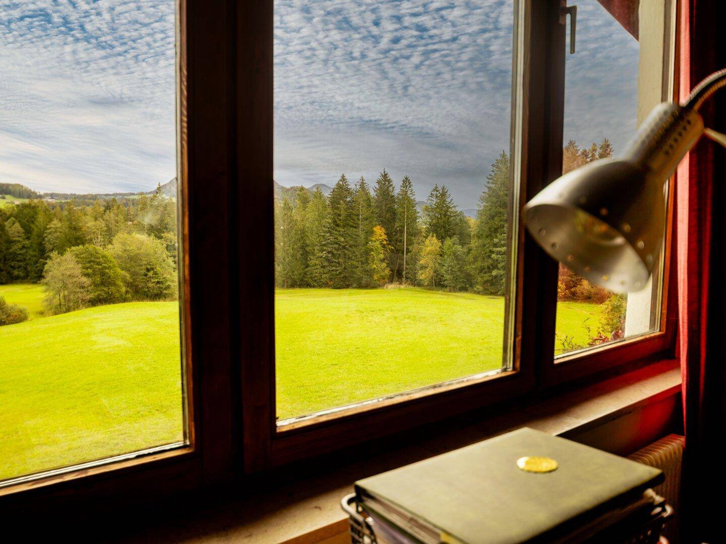 Ausblick aus einem Fenster auf weite grüne Felder und dichte Wälder unter bewölktem Himmel.