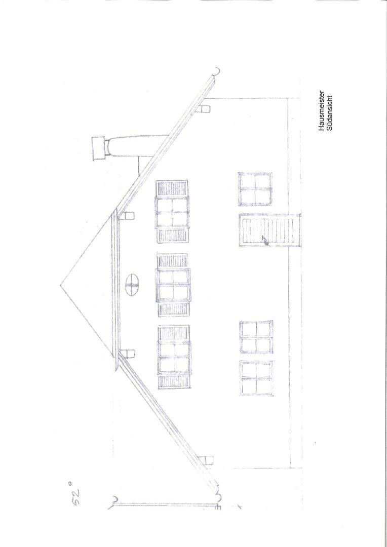 Architektonische Zeichnung der Südfassade des Hausmeistergebäudes mit Fenstern und Eingangstür.