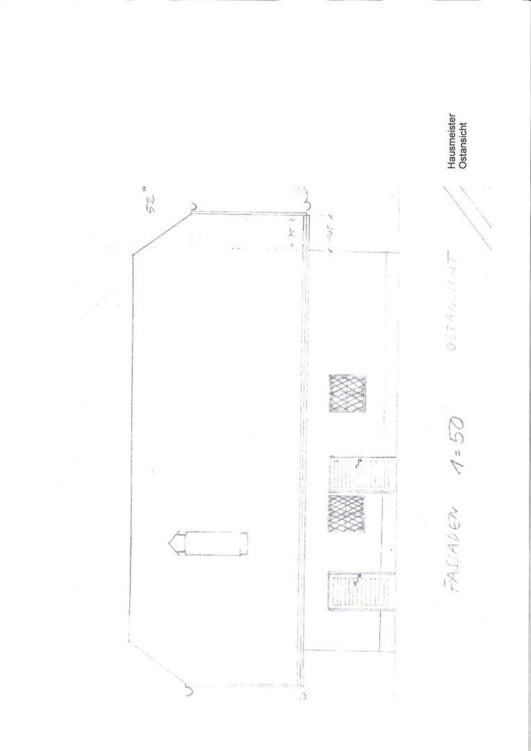 Architektonische Zeichnung der Ostfassade des Hausmeistergebäudes mit Schornstein und Fenstern.