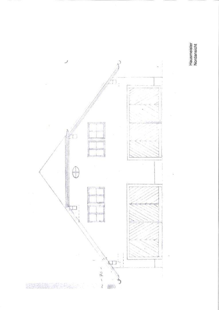 Architektonische Zeichnung der Nordfassade des Hausmeistergebäudes mit zwei Garagentoren.