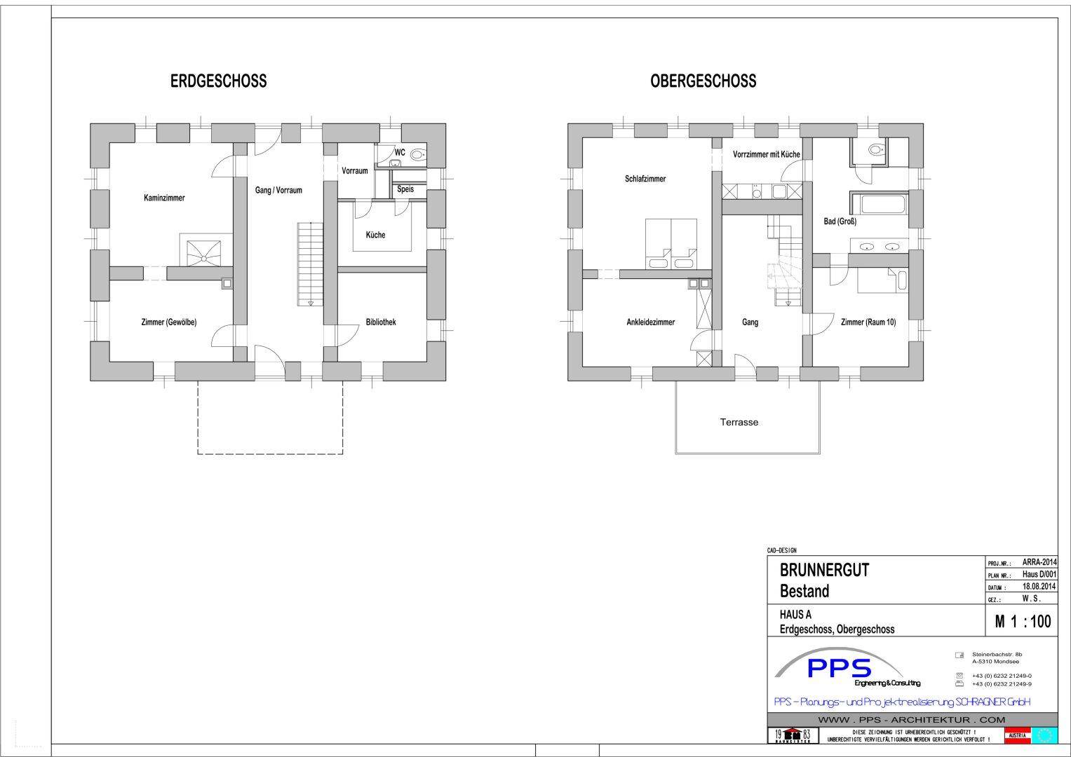 Grundrisse von Erdgeschoss und Obergeschoss von Haus A mit Küche, Bad und Terrasse.
