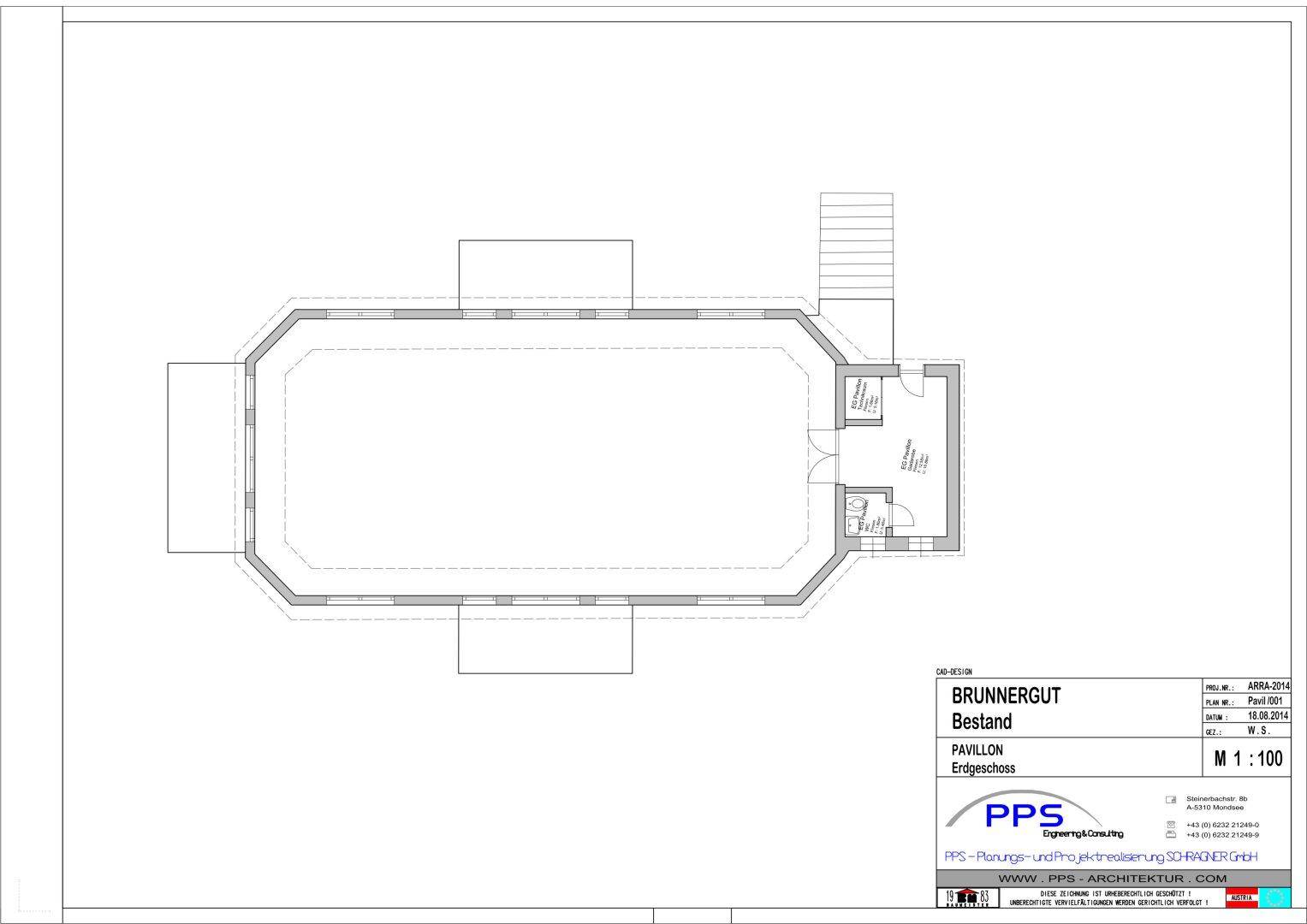 Grundriss des Erdgeschosses des Pavillons mit einem großen, offenen Raum.