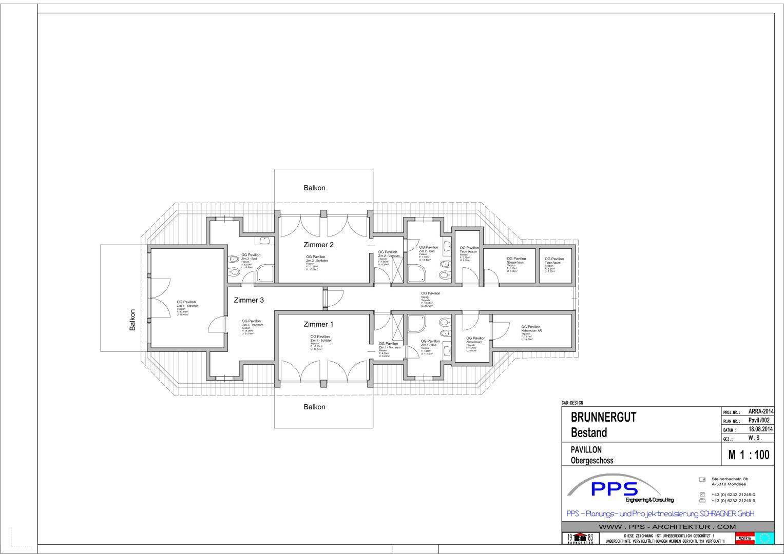 Grundriss des Obergeschosses des Pavillons mit mehreren Zimmern und Balkonen.