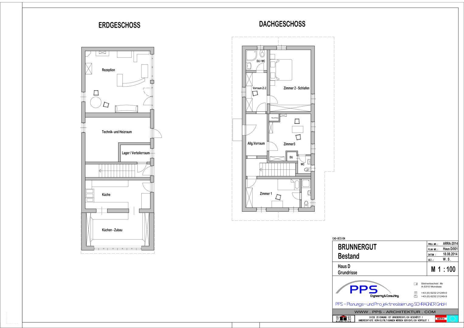 Grundrisse von Erdgeschoss und Dachgeschoss von Haus D mit Küche, Technikraum und Schlafzimmern.