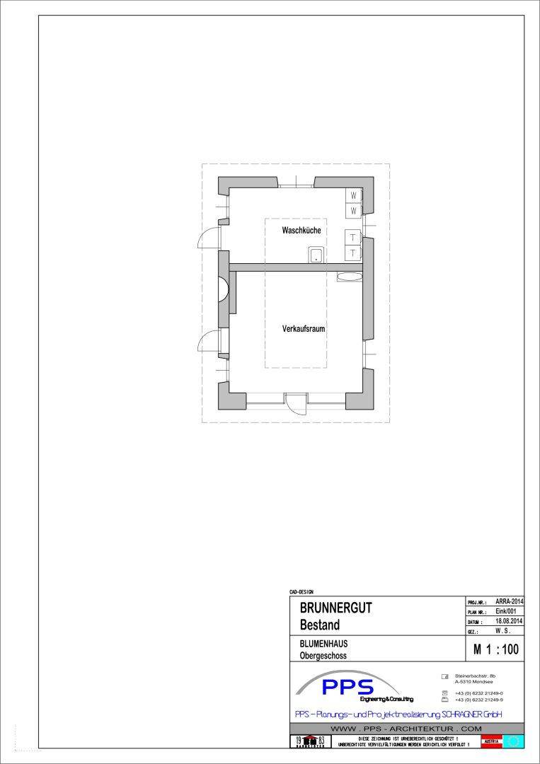 Grundriss des Obergeschosses des Blumenhauses mit Waschküche und Verkaufsraum.