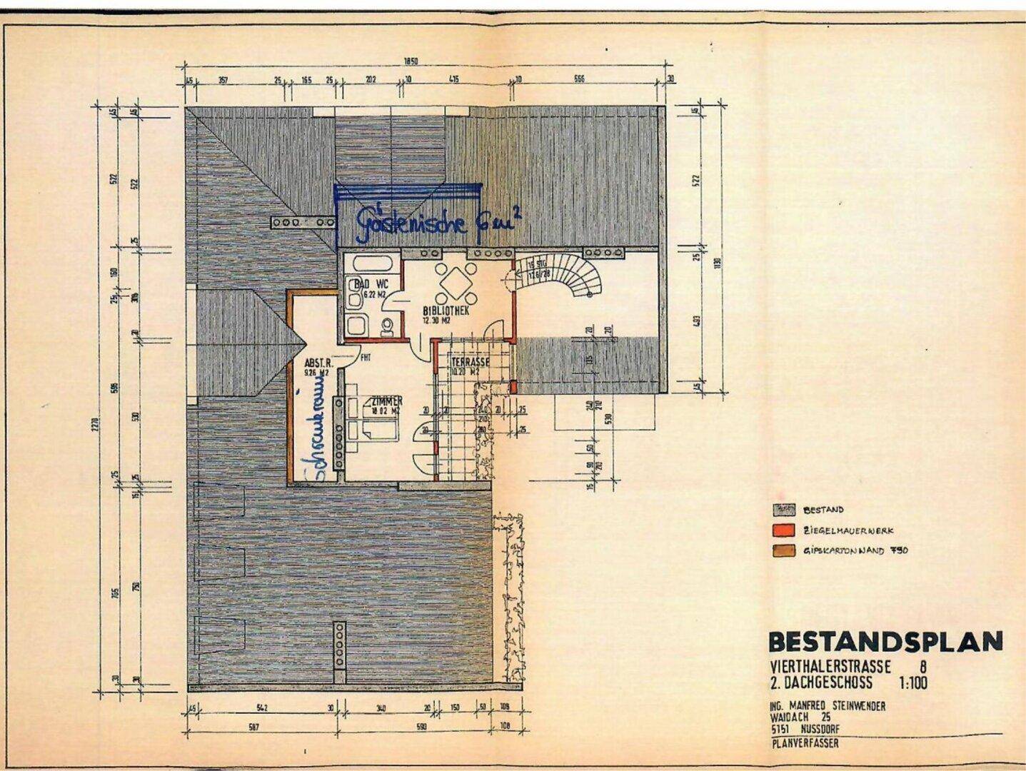 Plan oberer Schlafbereich mit Badezimmer, Bibliothek und Dachterrasse
