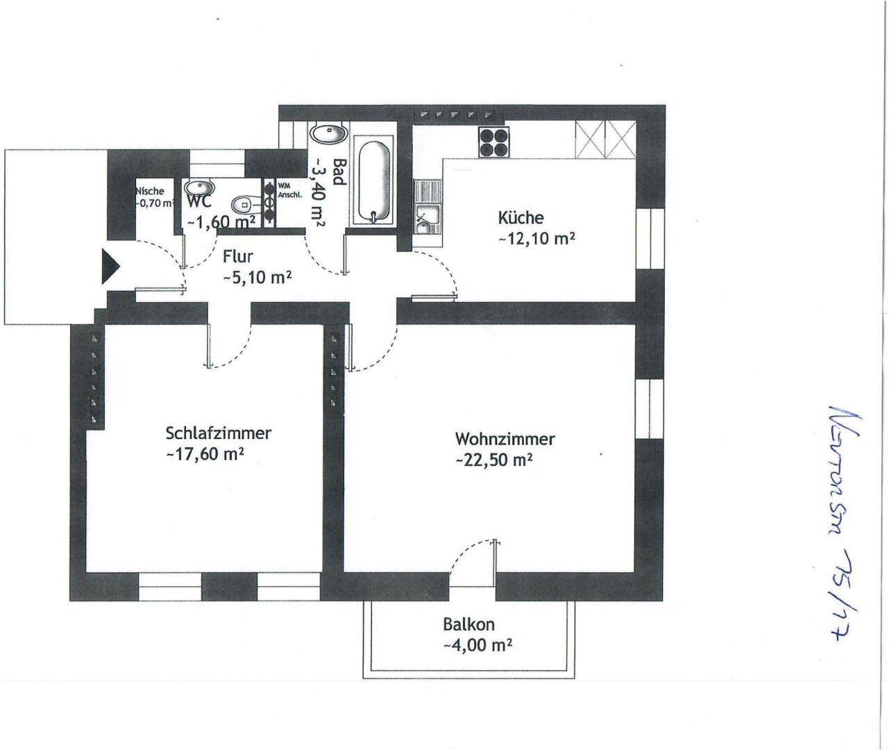 Grundriss einer Wohnung mit Schlafzimmer, Wohnzimmer, Küche, Bad, WC und Balkon.