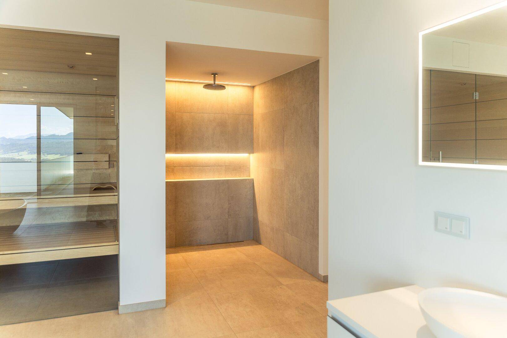 Modernes Badezimmer mit begehbarer Dusche, integrierter Sauna und elegantem Einzelwaschbecken.