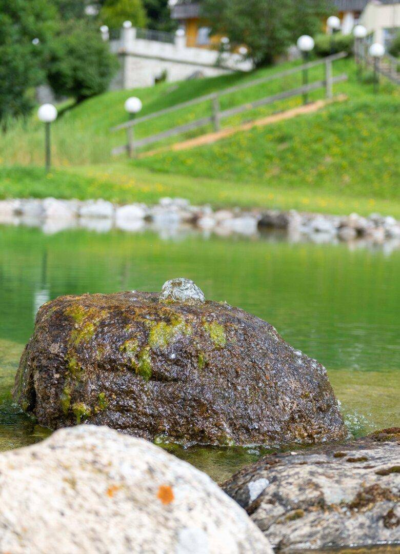 Detailaufnahme eines Teichs mit einem sprudelnden Felsenbrunnen in einer grünen Gartenanlage.