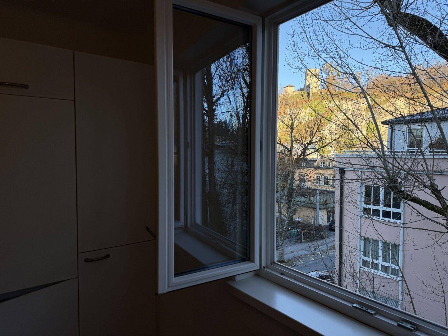 Fensterblick auf eine historische Burg auf einem Hügel, umgeben von Bäumen und einer Straße.