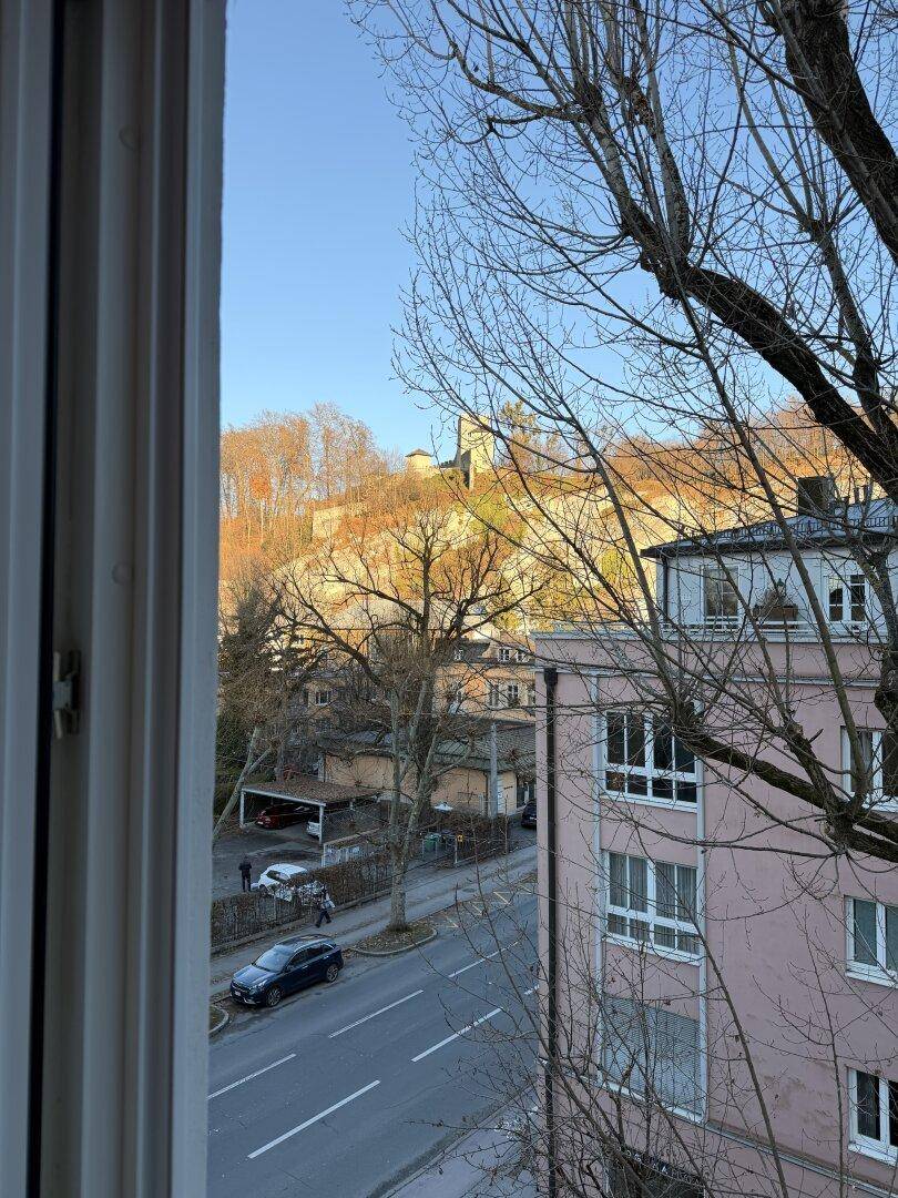 Weitblick aus dem Fenster auf eine alte Burgruine, kahle Bäume und die darunterliegende Stadtstraße.