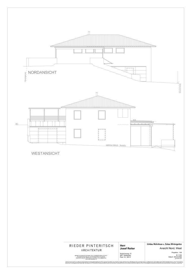 Architektonische Zeichnungen mit Nordansicht und Westansicht des Wohngebäudes.