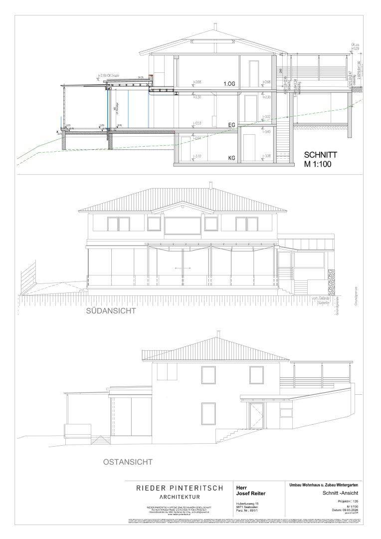 Architektonische Zeichnungen mit Gebäudeschnitt, Südansicht und Ostansicht des Hauses.